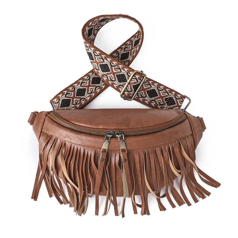 Hot Selling Retro Bum-hip Bags Pu Leather Designer Belt Bag Women Tassel Fringe Fanny Pack Crossbody Chest Bag For Women