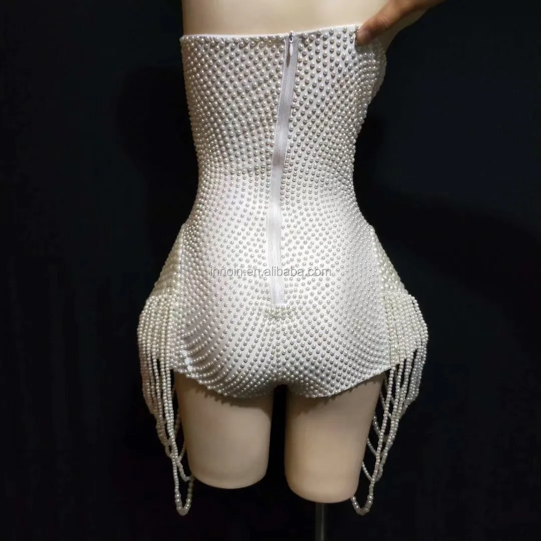 White Pearls Beading Bodysuit Jazz Dance Outfit Evening Stage Show Costume Prom Birthday Bar Women Singer Clothes