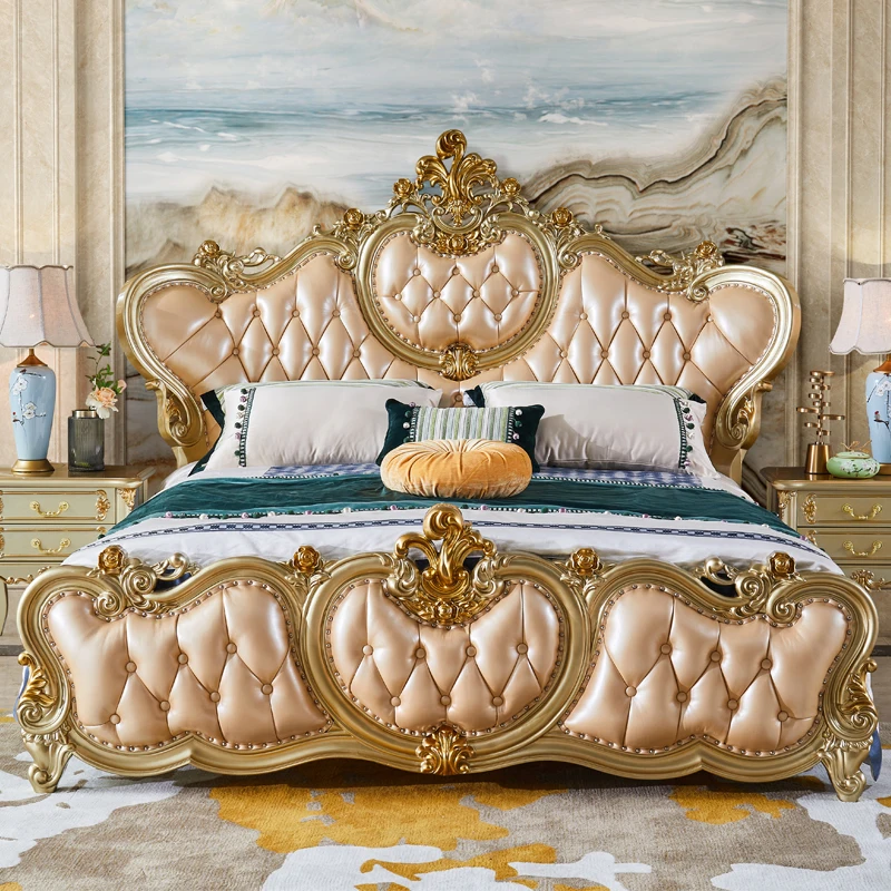 European style solid wood 1.8 meter master bedroom 2 meter king bed 2.2m widened Wedding Princess leather Villa Bed