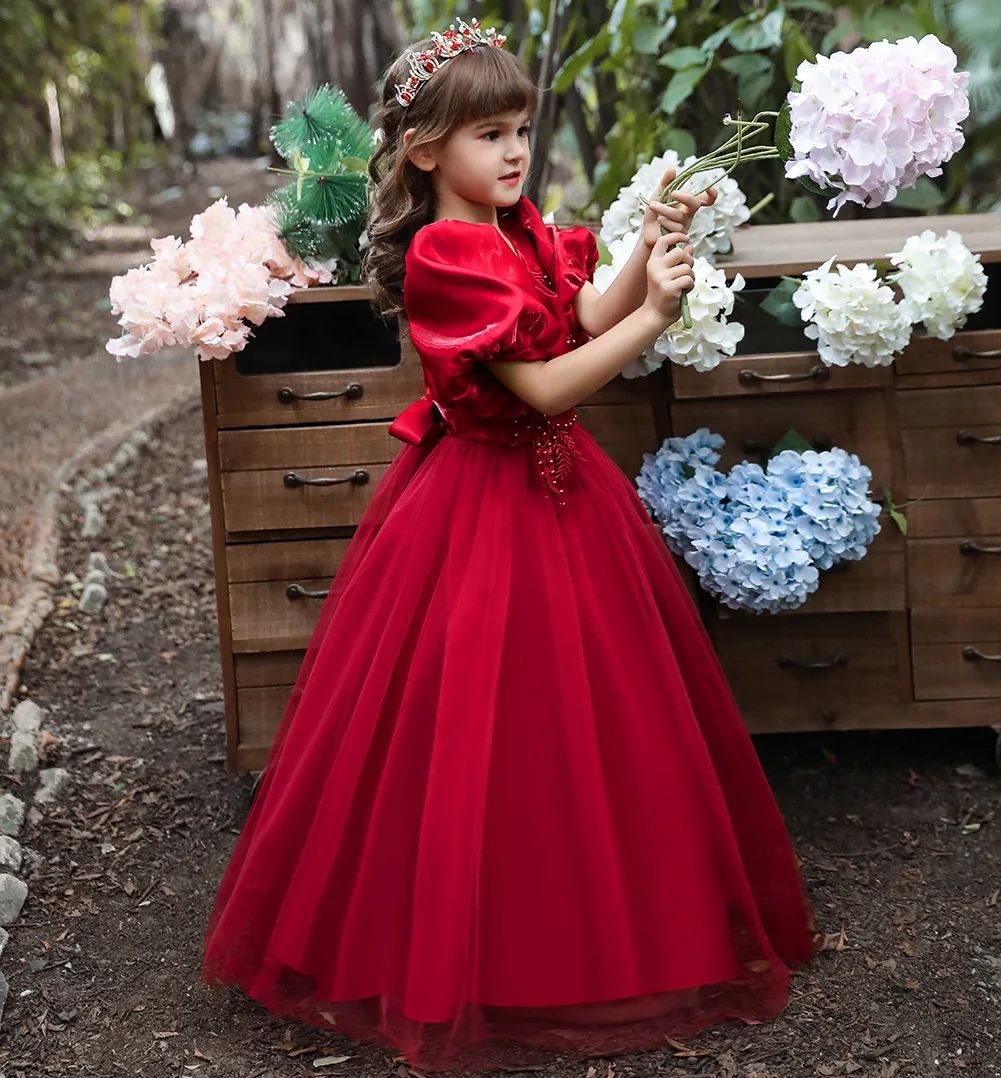 High quality 6 years baby girl wedding dress for bd little red tutu dress birthday children party elegant dresses for girls