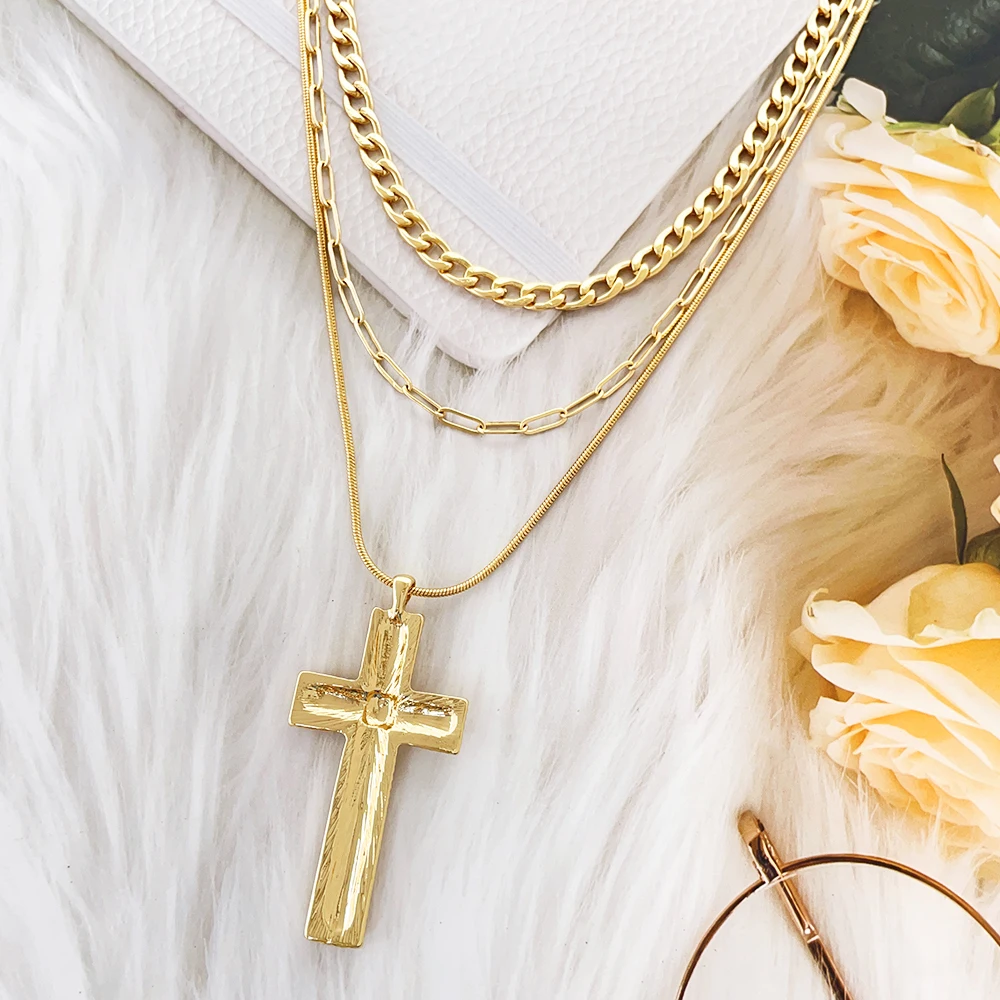 Jewelry wholesale custom big cross necklace fashion multi layer 18k gold plated pendant necklace for women