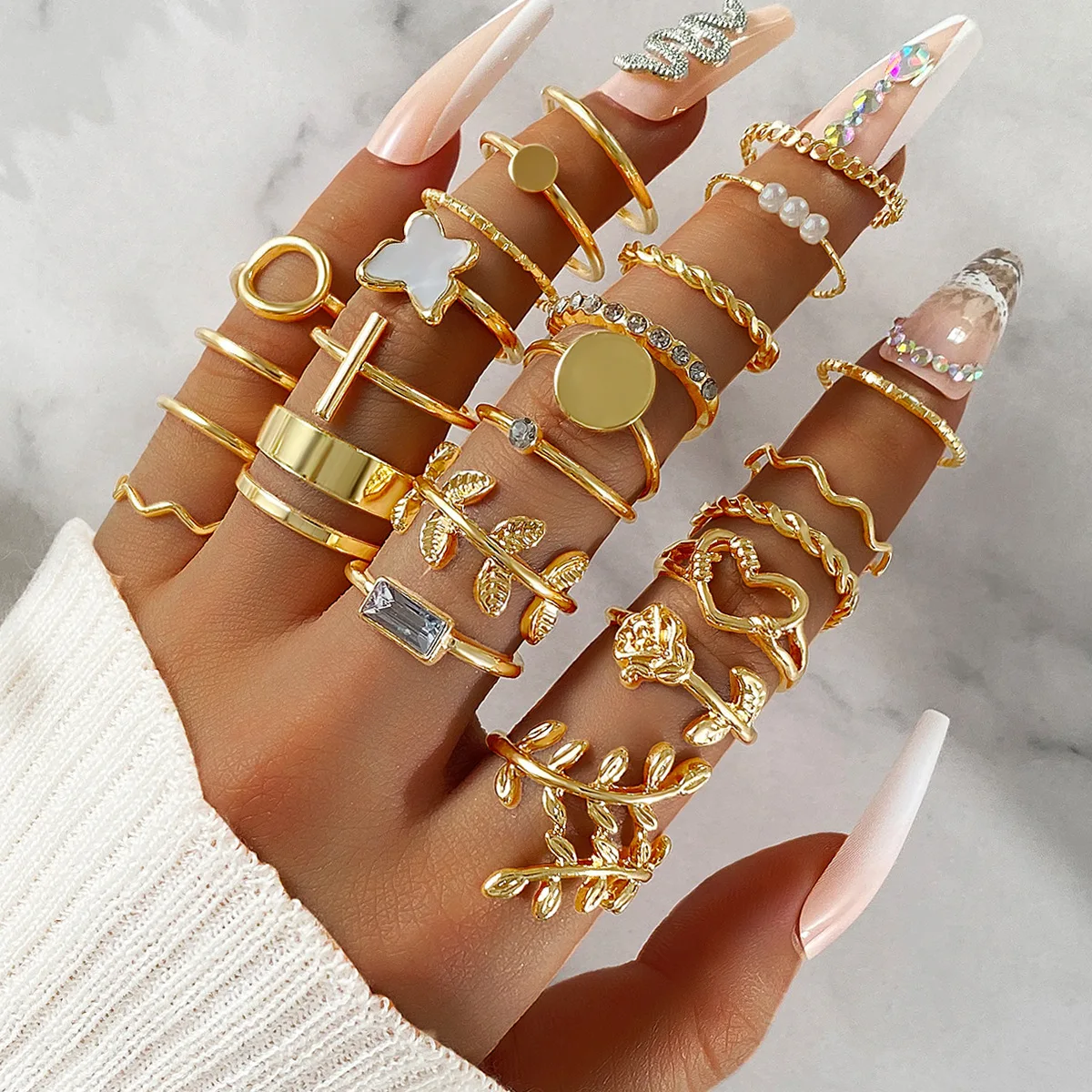 Electrophoretic black butterfly diamond ring mixed batch pearl ring female niche joint ring set For Women Girls Jewelry Gift
