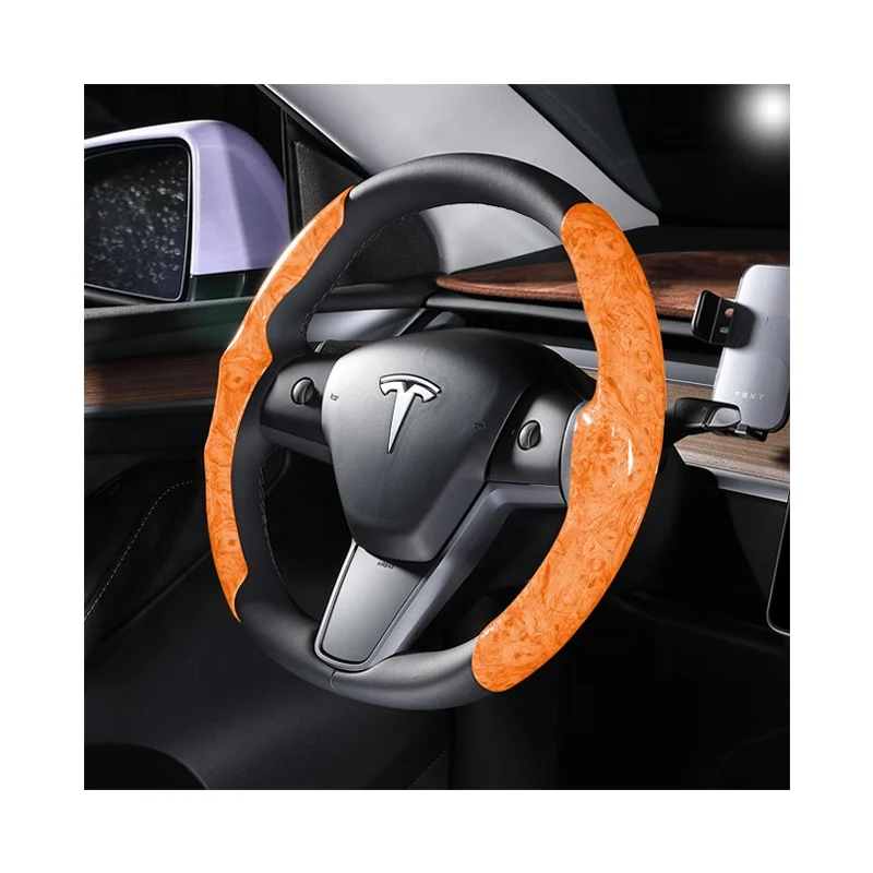 Luxury classic peach wood grain leather steering wheel covers for tesla model 3 y suede carbon fiber car handle case wholesale