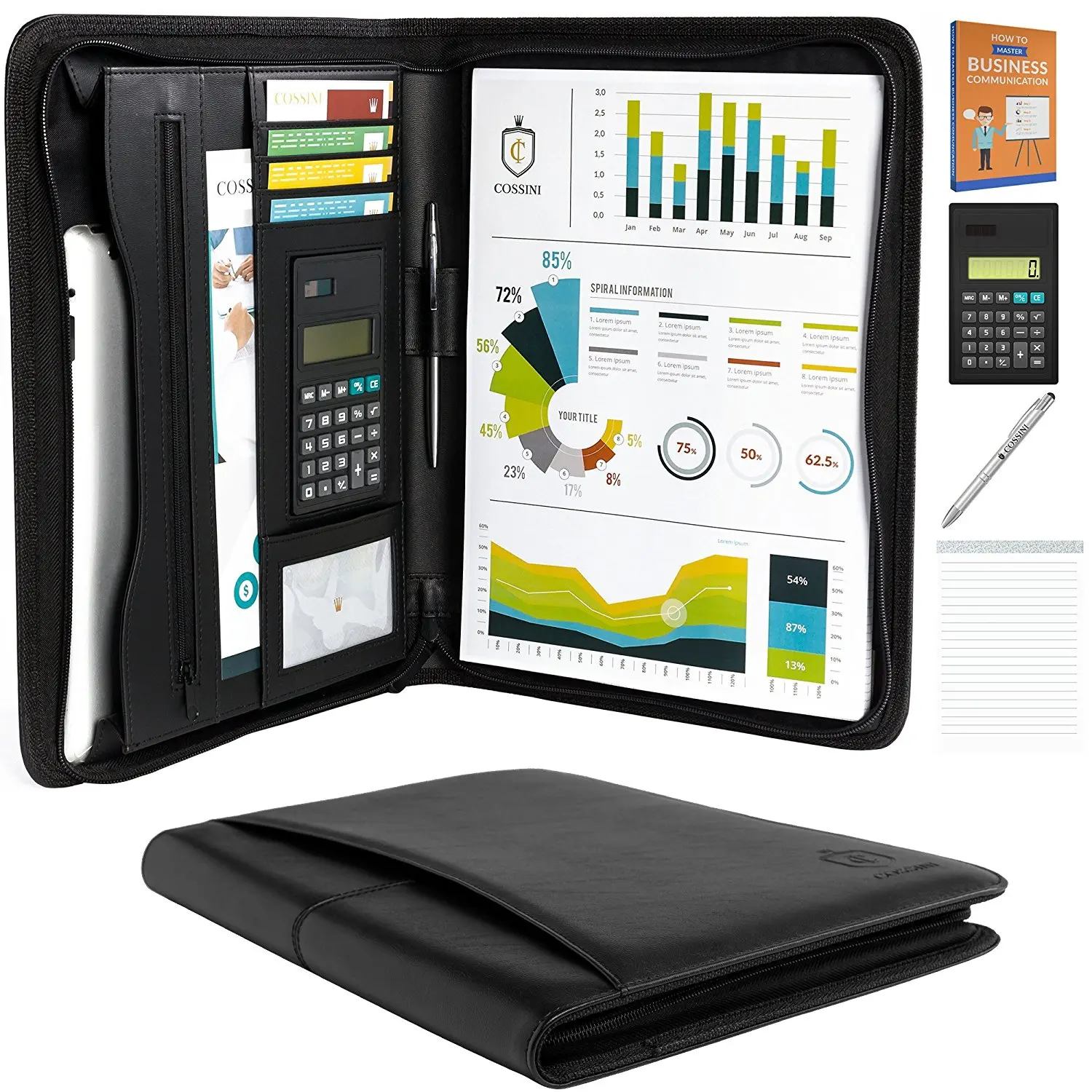 PU Leather Business Portfolio/Padfolio with Zippered Closure and Interior Tablet Sleeve