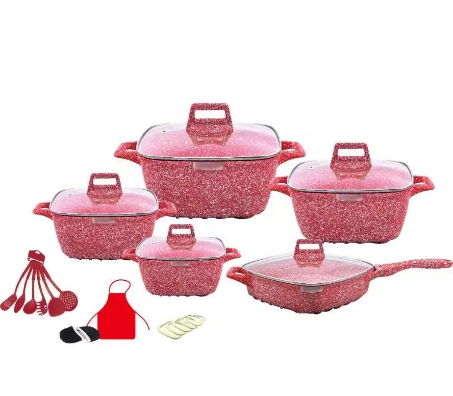 hot selling 25pcs square aluminum alloy ceramic marble decoration non-stick kitchen pot ware