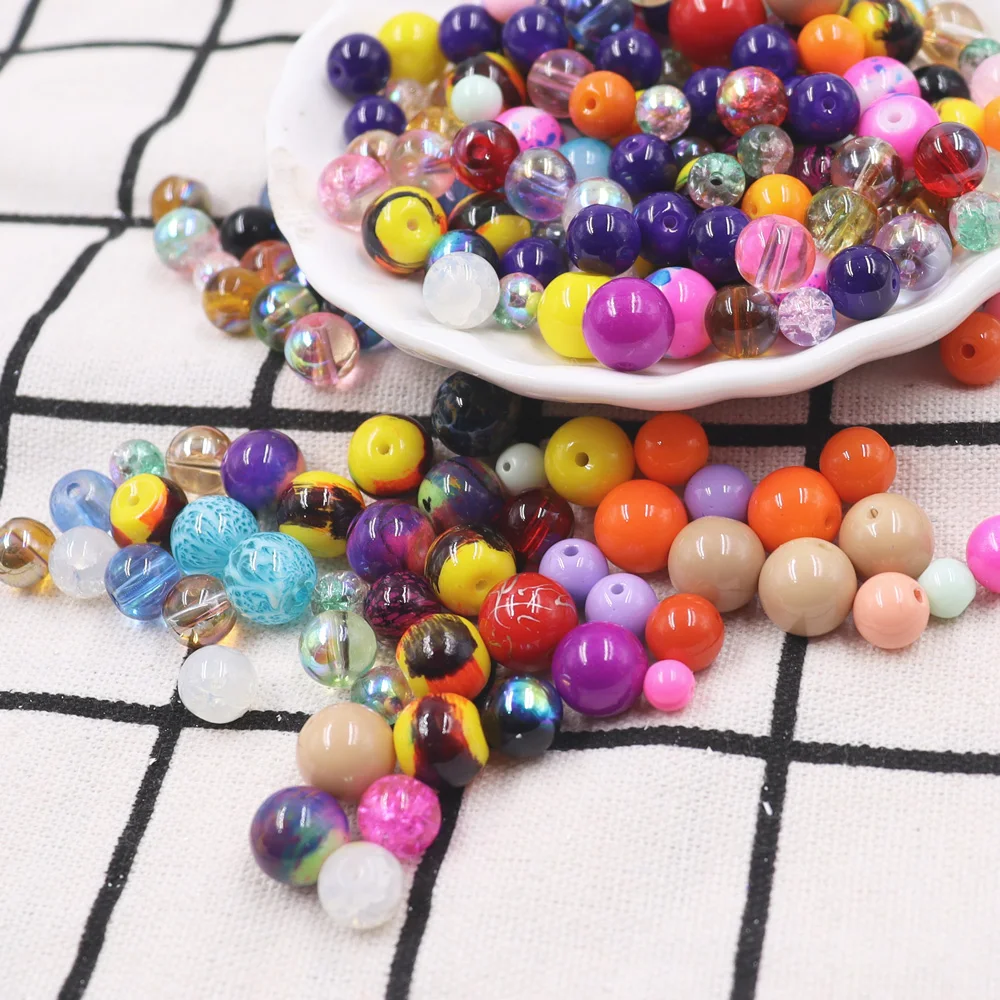 3/4/5/6/8/10/12mm Mix Colors Loose Crackle Beads with Hole  Glass Beads Round Faux Pearl for Earring Necklace Bracelet DIY Craft