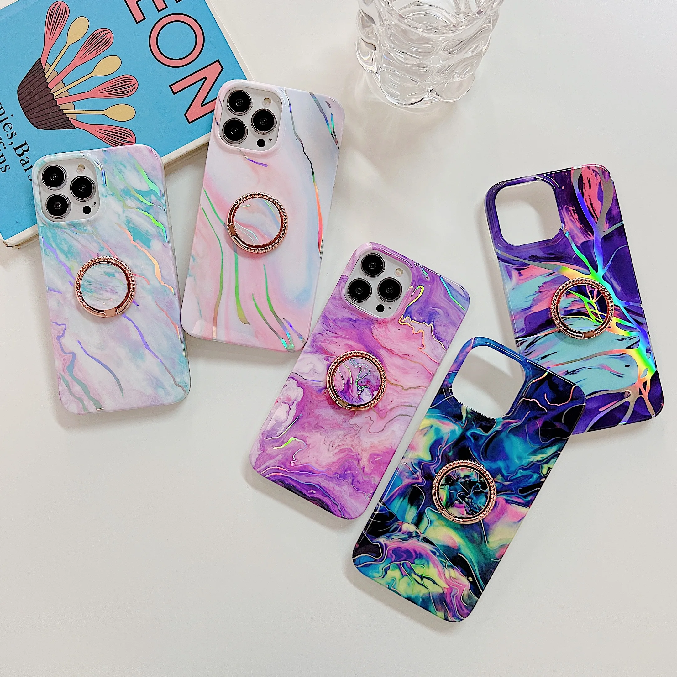 For iphone 14promax 13 Grip case laser marble ring stand holder phone case for samsung S22 NOTE20 ultra