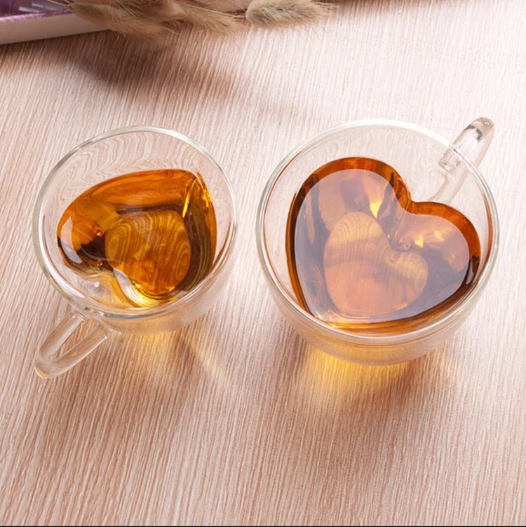 Wholesale 150ml 250ml borosilicate heat resistant love cup heart shape double wall glass coffee cup