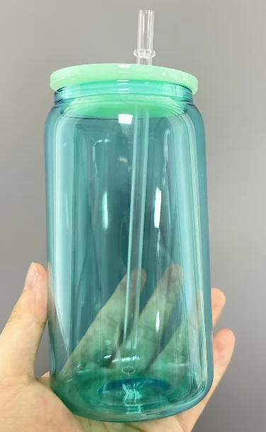 550ml Candy Colored Glass Mugs with Colored Plastic Lids and Straw - Clear Jelly Beer Glass Can