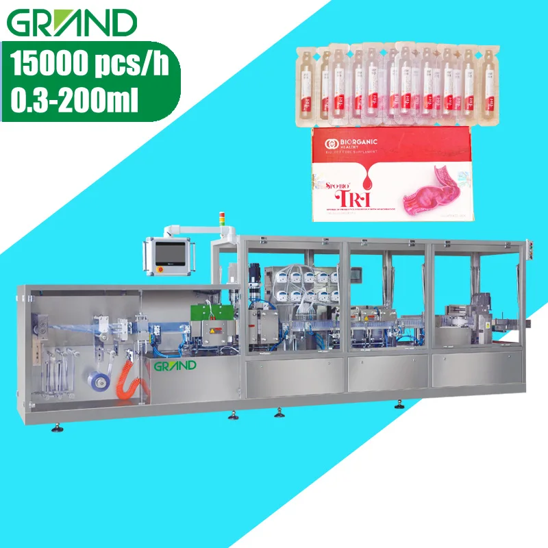 Roll film PE plastic 1.5 - 10ml ampule thermoforming blow fill seal machine with bottom tag labeling
