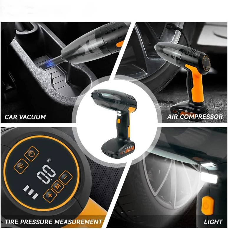 Wireless Car Vacuum Cleaner Tire Inflator  Air Compressor with Digital Tire Pressure Gauge LCD Display- Rechargeable