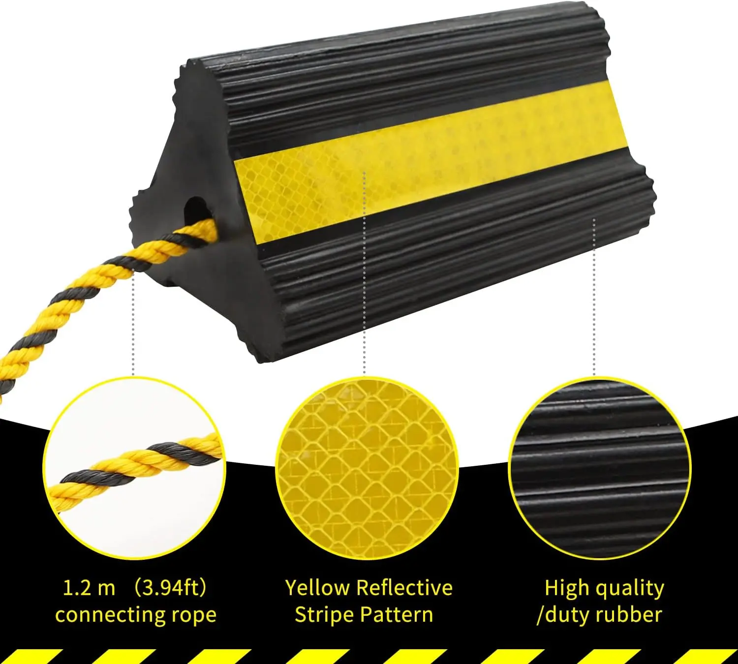 Heavy Duty Rubber Wheel Stopper Portable Aircraft Wheel Chocks  with Yellow reflective strips for Travel Trailers, Cars
