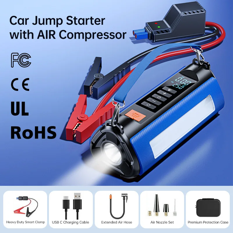 12V Portable Jump Starter And Air Compressor 10000mah Car Jump Starter Power Bank Peak 1500A Auto Jump Starter