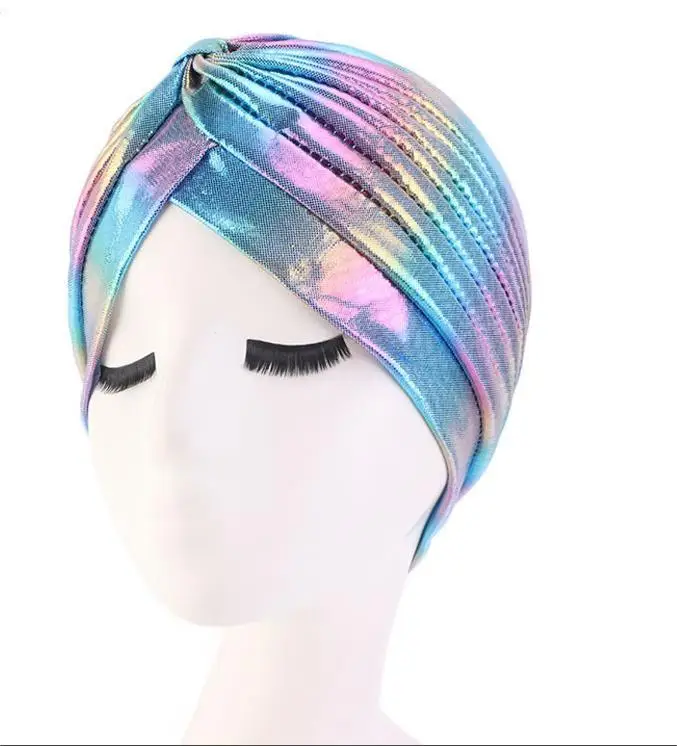 iridescent Laser Bright Stretchable Indian Hat Metallic Arab India Pleated Turban Headwrap Wedding Arabic Turban Men