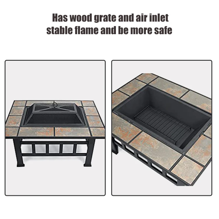 Square Metal Outdoor Fire Pit Table Wood Burning Fire Pit With Swivel Grill Axle For Patio Backyard Garden