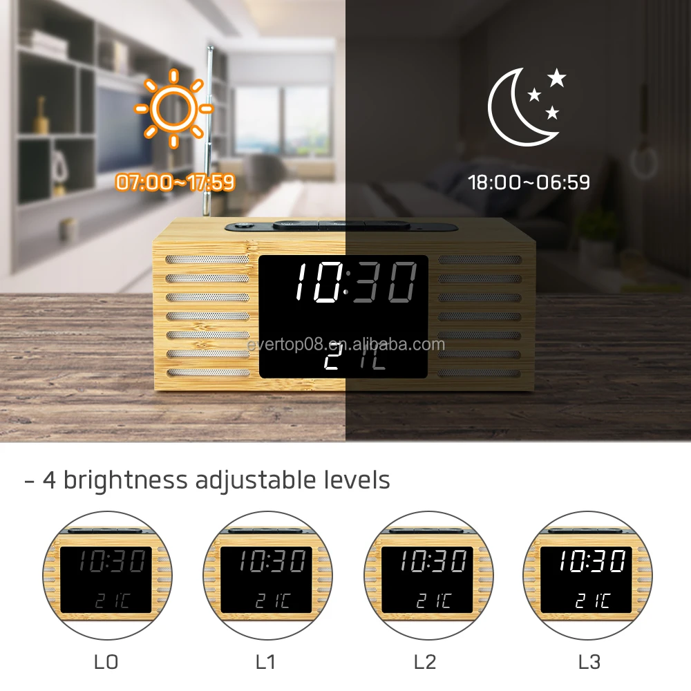 ET589 Home Decoration High Quality LED Bamboo Clock with FM Radio