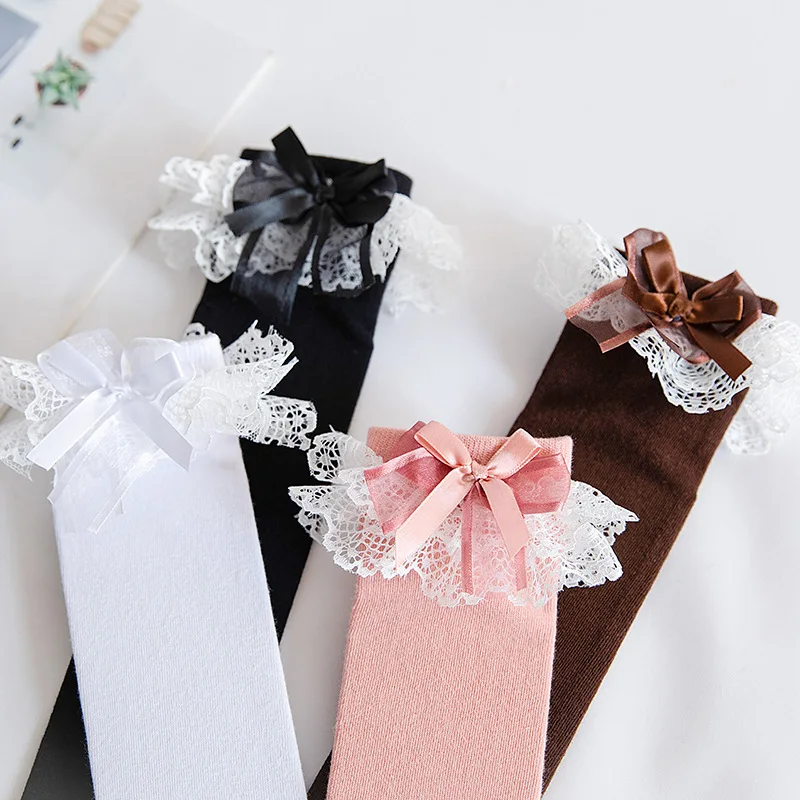 REMOULD Teen Girl Long Tall Cotton Dress Socks Fashion Thigh High Knit Socks With Lace Bow