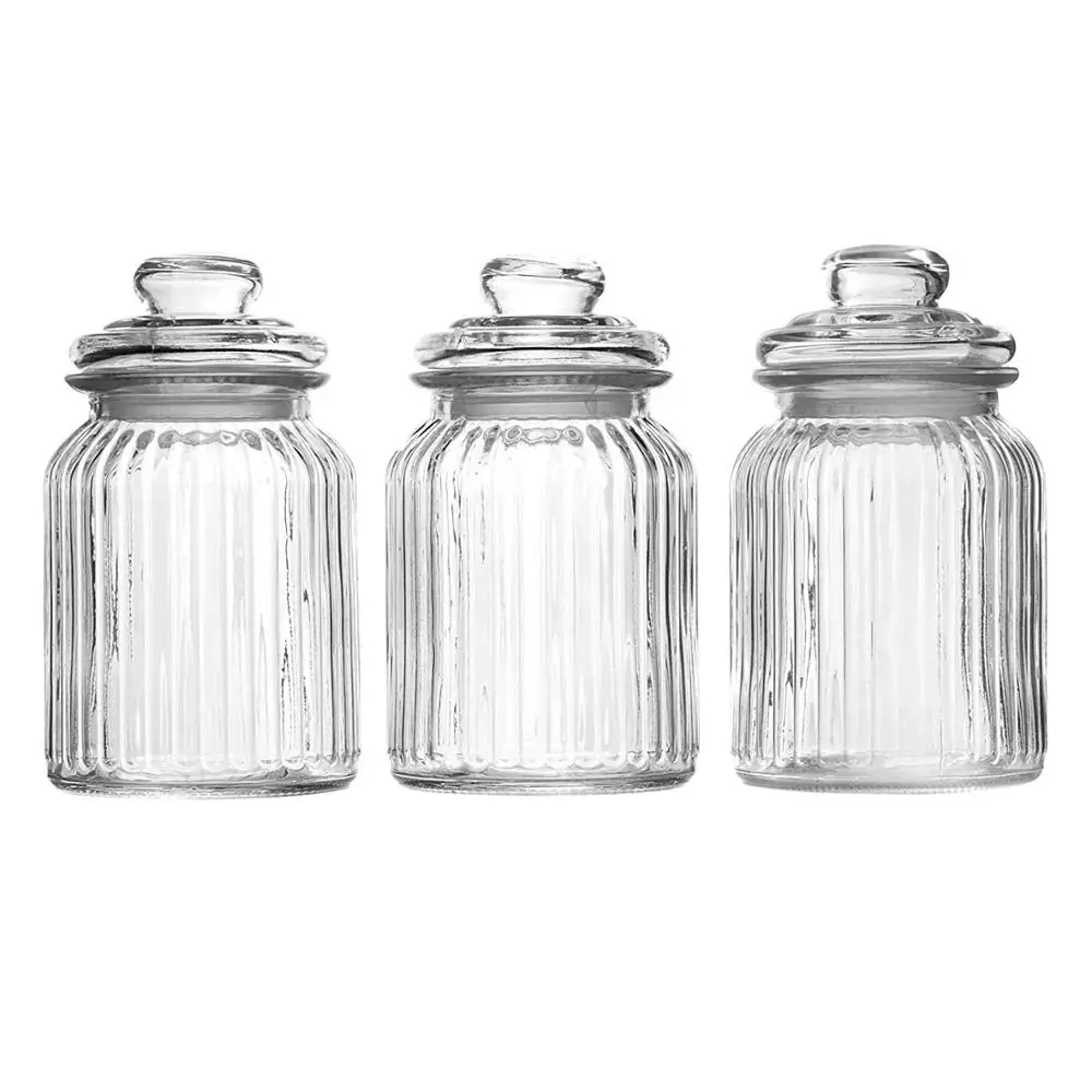 Airtight 1000 ml Ribbed Glass Jar With Glass Lid Food Storage Candy