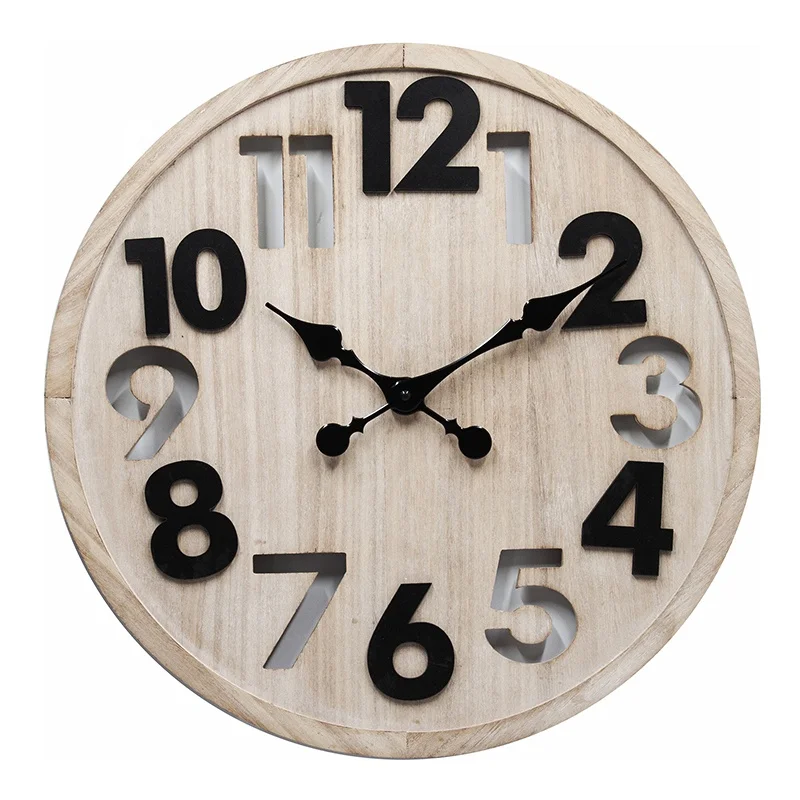 Wholesale Noiseless Open Dia Quartz Round Battery Operated Antique Indoor Decor Big Rustic Farmhouse Wooden Wall Clock
