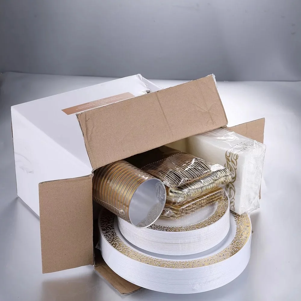 175 упаковок сверхпрочных пластиковых тарелок для вечеринок, набор одноразовой посуды из золота для 25 гостей, кружевная тарелка с ободком