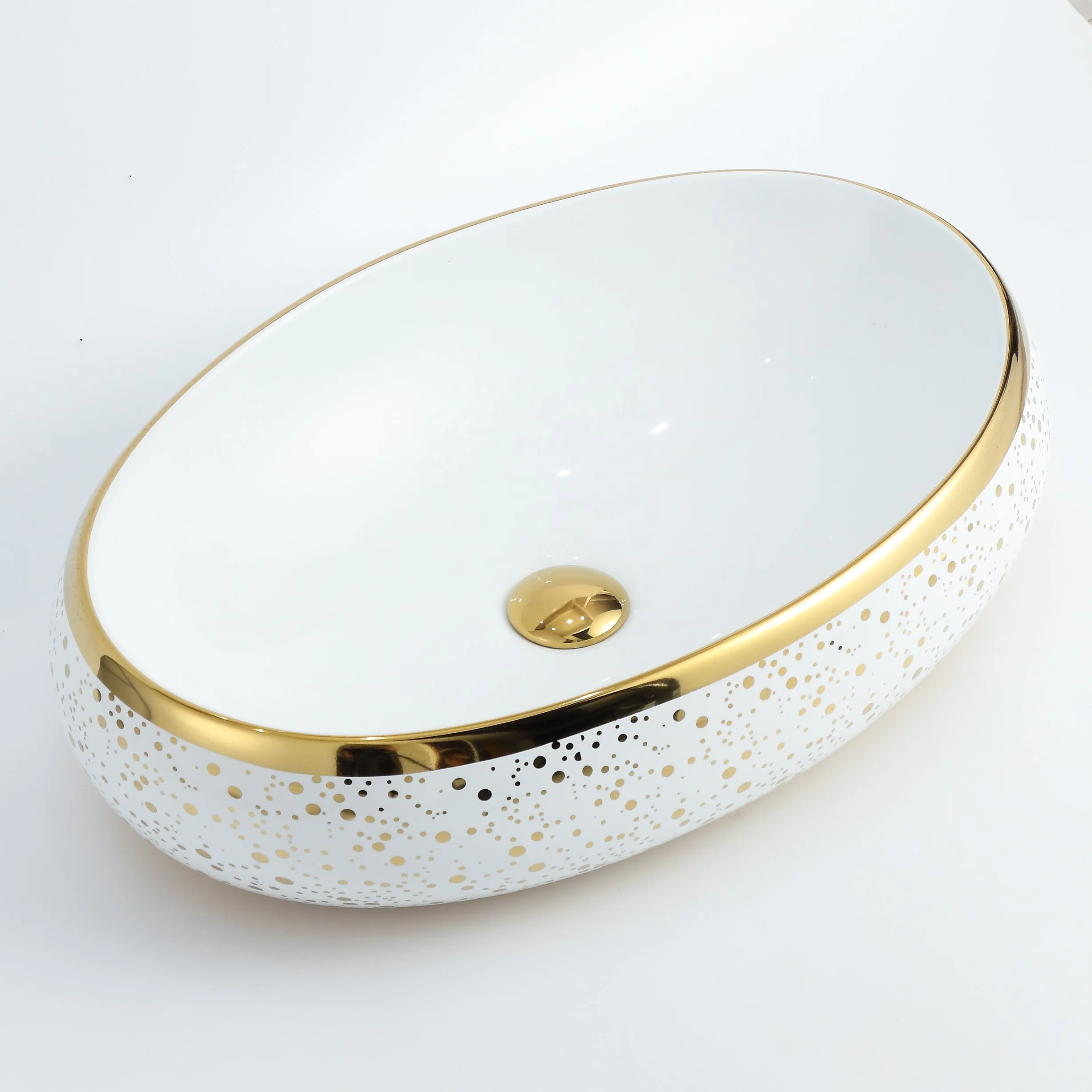 Hotel Counter Top Washbasin Lavabo Face Hand Wash Basin Gold Vessel Sink for Bathroom Oval Ceramic Luxury Plating Golden Color