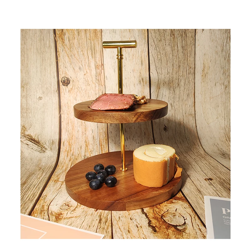 Desktop Afternoon Tea Round Iron Wedding Acacia Wood Metal Two Tier Cake Stand