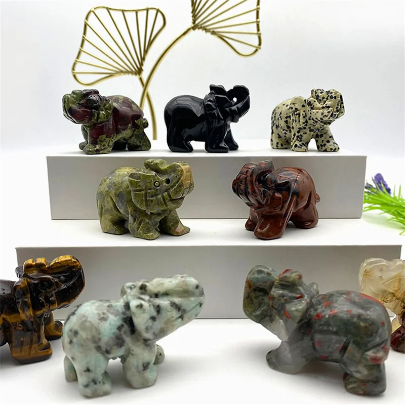 Natural Animal Stone Crystal Elephant Statue Figurine Carved Gemstone Elephant for Home Decoration Gift