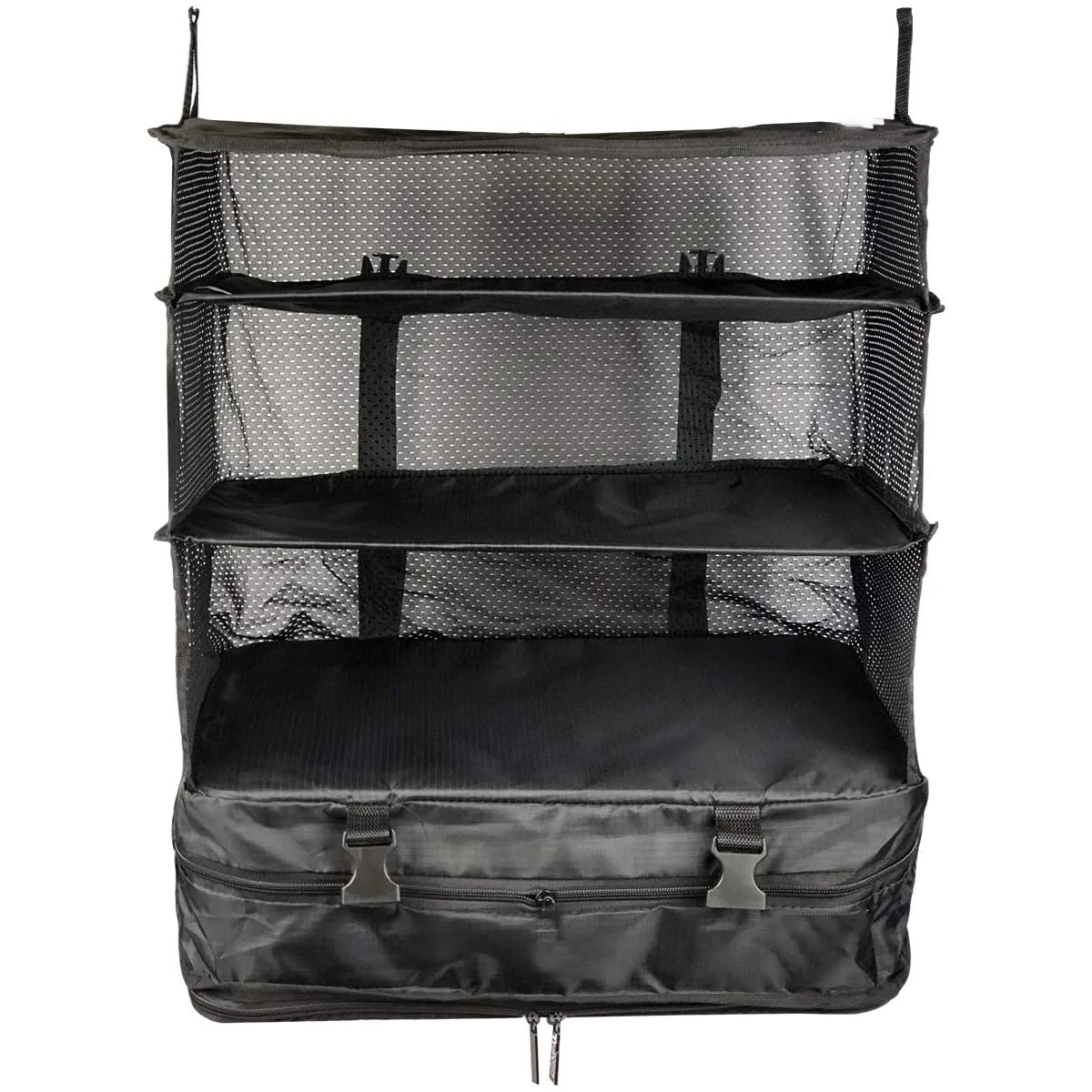 Упакованные полки-органайзеры для дорожных сумок со встроенными подвесными полками и отсеком для хранения белья.