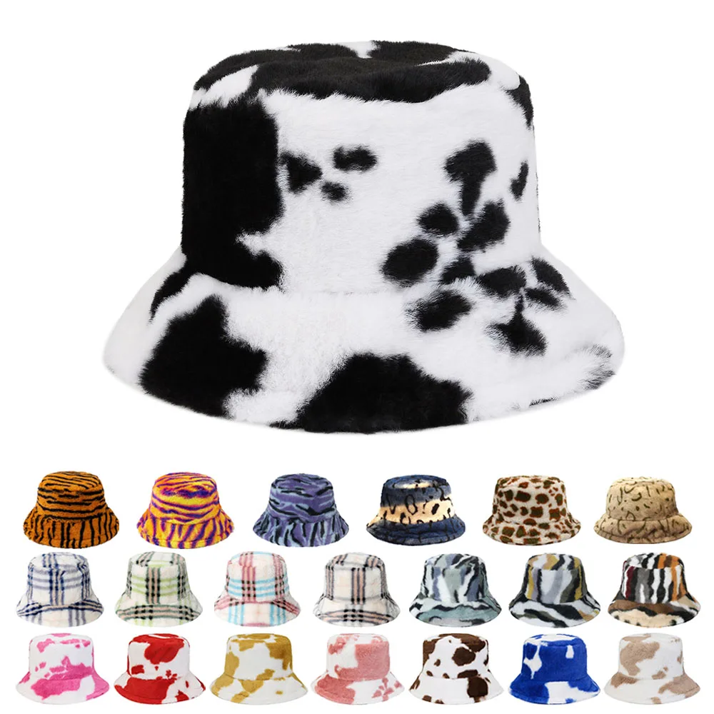 Fall winter warm Cow leopard stripe print  fluffy faux fur bucket hats for women