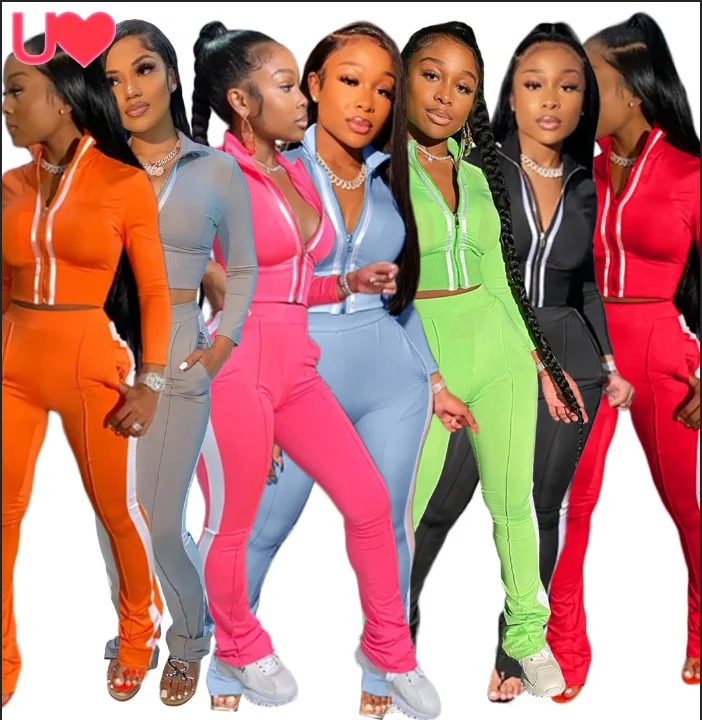 LO-2082509 fall  high collar long sleeve solid color drawstring casual Ladies Two Piece Set Women Clothing