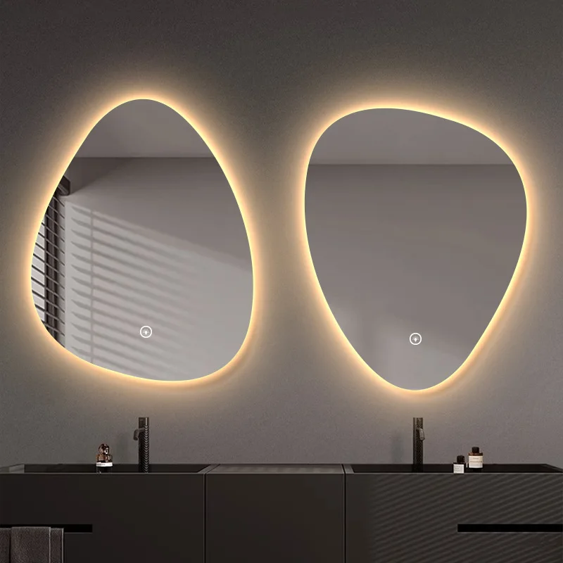 Special-shaped water drop smart touch screen hotel toilet  mirror cosmetic with LED light bathroom wall hanging bathroom mirror