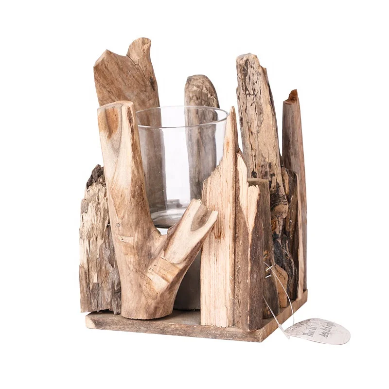Home and Garden Decorative White Glass Candle Wood Holder Stand