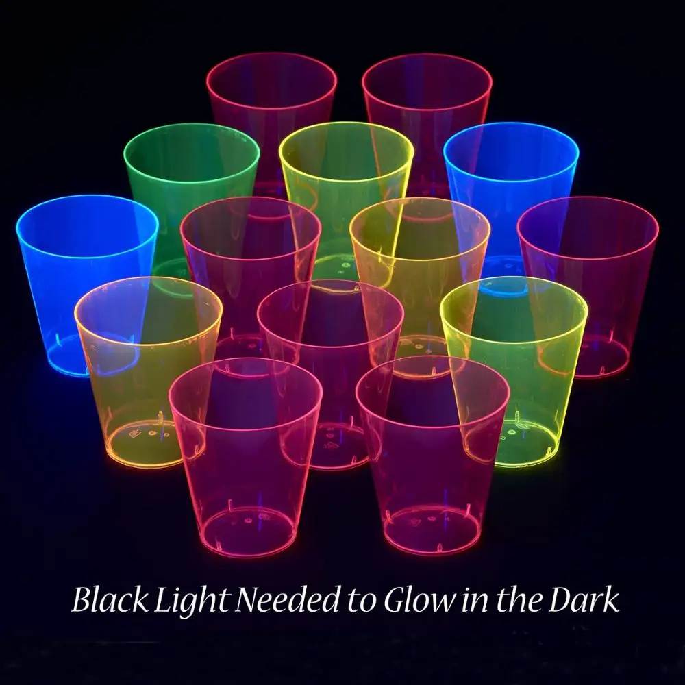 Disposable Hard Plastic Shot Glasses, Neon 1oz - Fun Glow in the Dark Bright Colors, Heavy Duty & Reusable Party Shot Cups