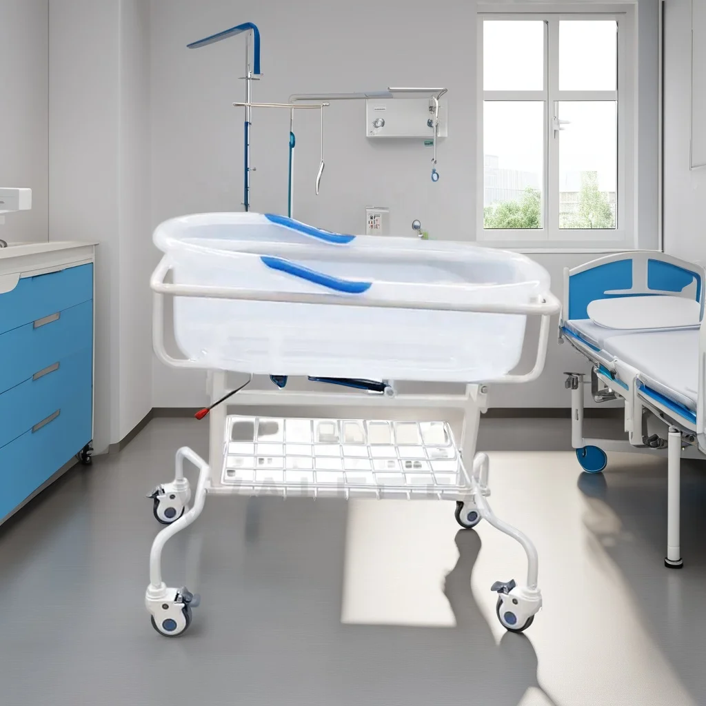 Professional Hospital Use Hospital Furniture Epoxy Coated Infant Bed with 40mm Mattress