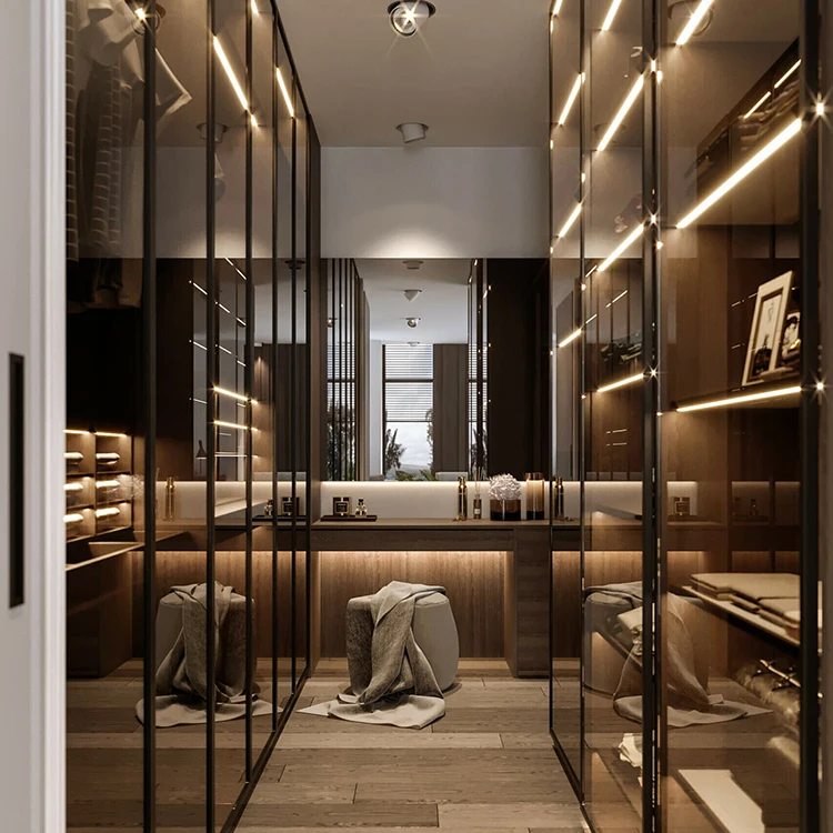 Foshan factory customization modern portable glass door wooden bedroom wardrobe closet walk in closet wardrobe