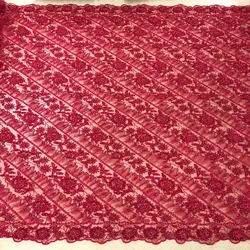 Handmade Luxury Red Beaded Handmade Embroidery Dress Dubai Lace Fabric Embroidery Lace Fabric Beads
