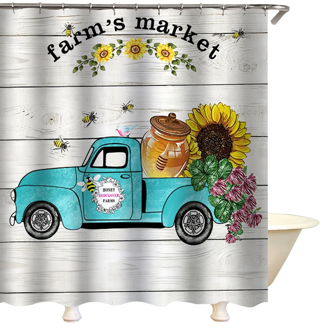 HOT sales sun flower design bathmat set with shower curtain Idyllic style shower curtain