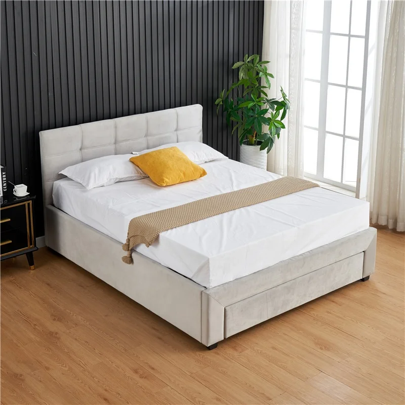 Light Grey Tufted Modern Master Bedroom Furniture Bed With Drawers Storage Bed Queen King Size Modern Soft Bed Frame