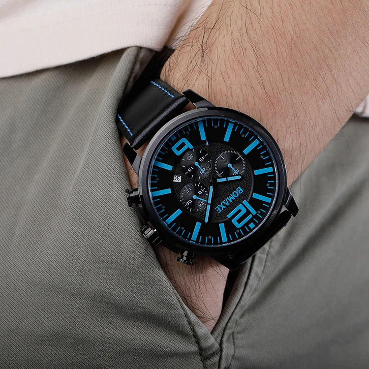 Japan Movement Luminous Three eyes Sapphire Glass 5ATM Water Resistant Genuine Leather Strap Black Men Wrist
