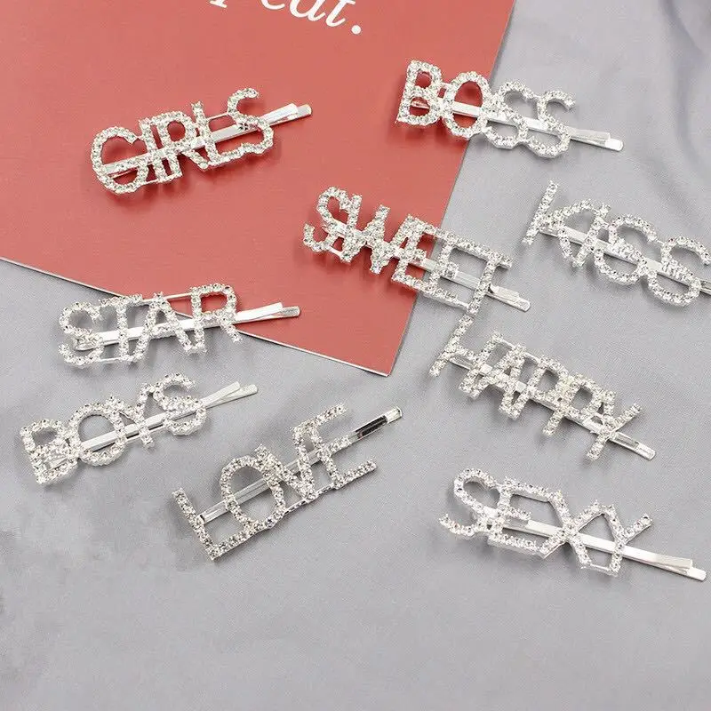 korea designs latest Letter metal rhinestone Bling Crystal Barrettes princess hair pin hair clips