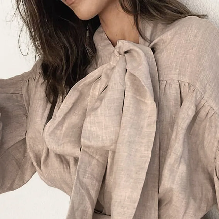 OEM Custom Women Long Strap Collar Long Puff Sleeve Wrap Blouse with Sash Ruffles Linen Cotton Tops for Office Lady