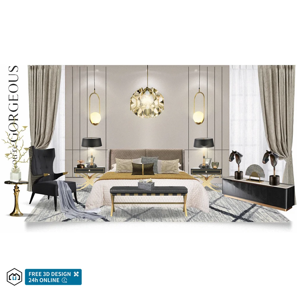 One Stop Luxury Furniture Solution Modern Up-holstered Beds Designer Villa Bedroom Set Combination