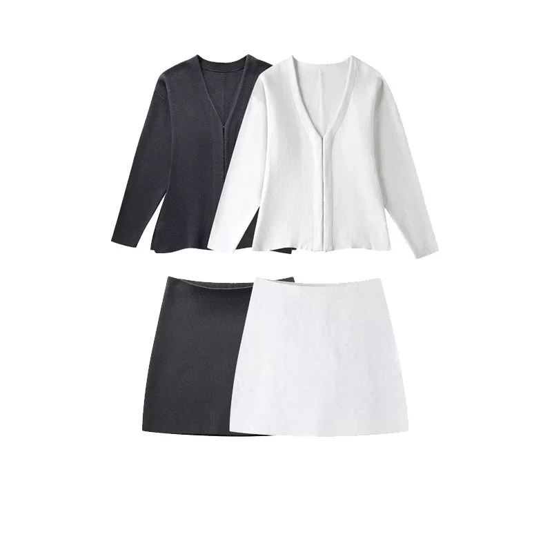 Spring Latest Design Woollen Ribbed Button Cardigan Maxi Dress Knitted Two Piece Set Skirt