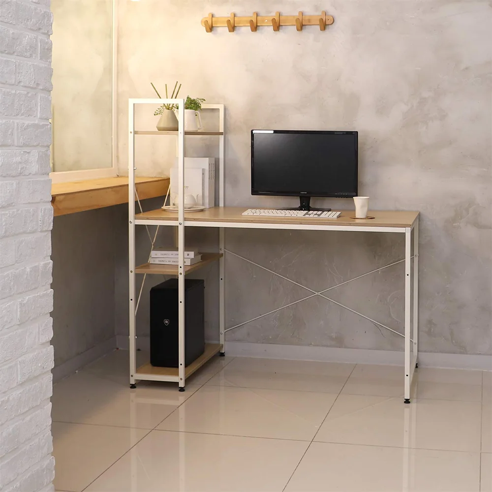 Modern Simple Style Multi-purpose Flat L shape Home Office Standing Table Wooden with Shelves Computer Desks