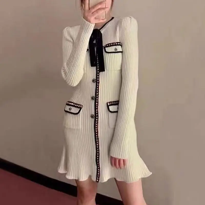 BetterGirl Delicacy Vintage French Style Beads Button Lady 2023 Long Sleeve Bow Tie Women Skinny Knit Mini Dress