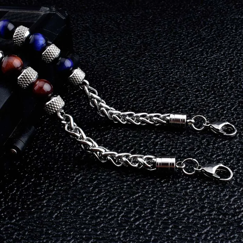 Luxury Punk Hiphop Style Silver Plated 316L Stainless Steel Chain Mens Charm Blue Yellow Green Tiger Eye Natural Stone Bracelet