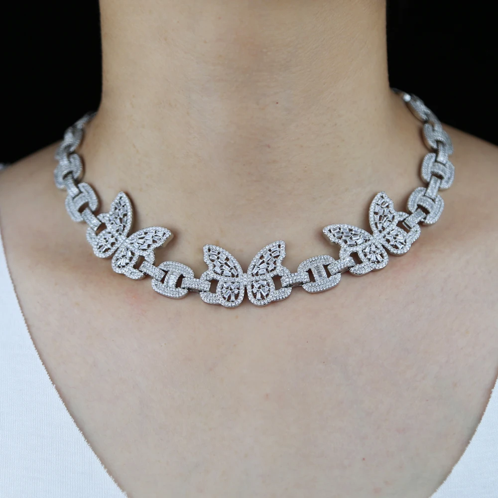 Iced out bling rectangle cz paved ice girl women hip hop H chain ice out butterfly necklace