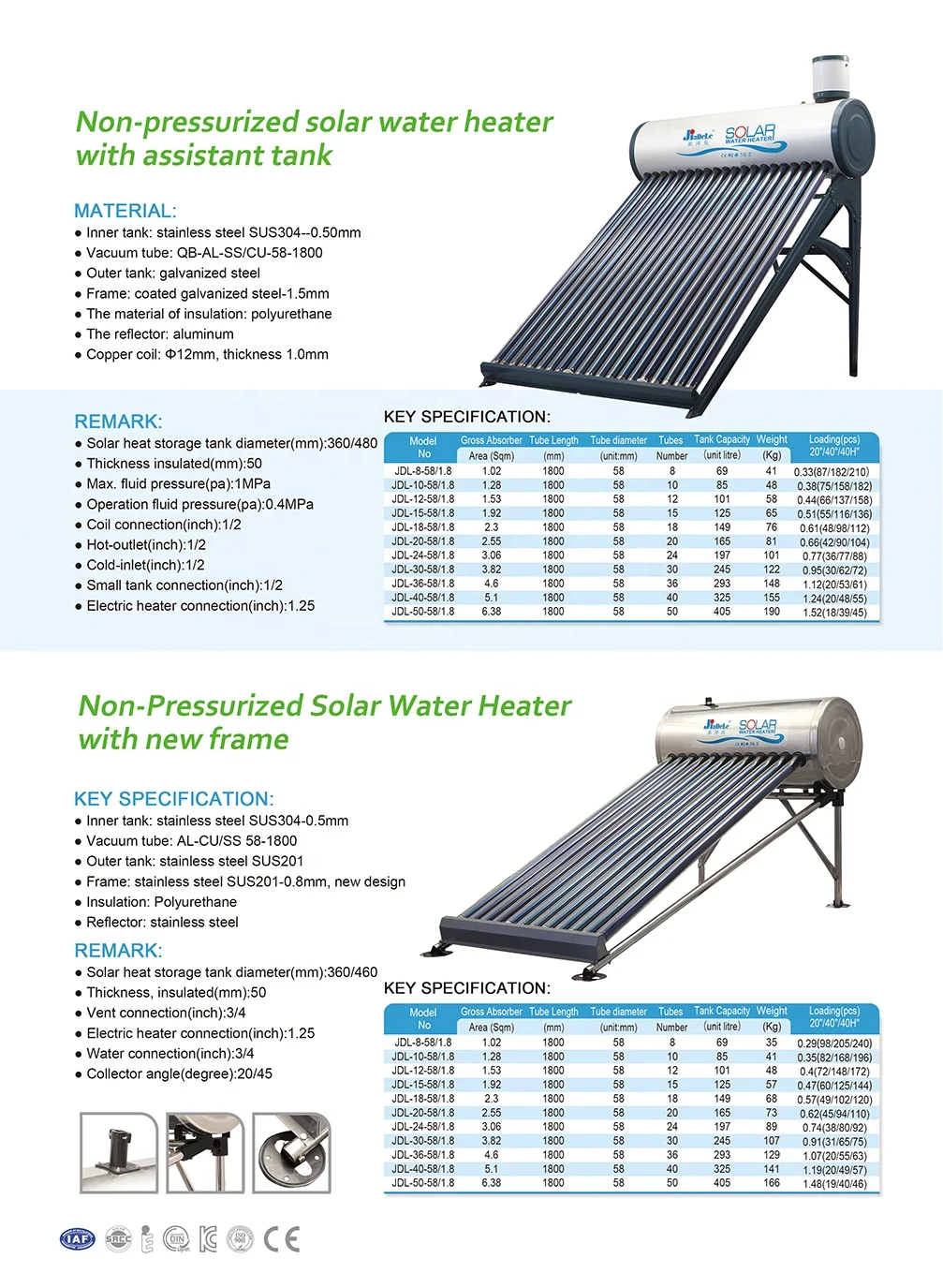 JIADELE solar thermal hot water heating Chauffe Eau solar collector heat pipe Unpressurized Evacuated Tubes Solar Water Heater