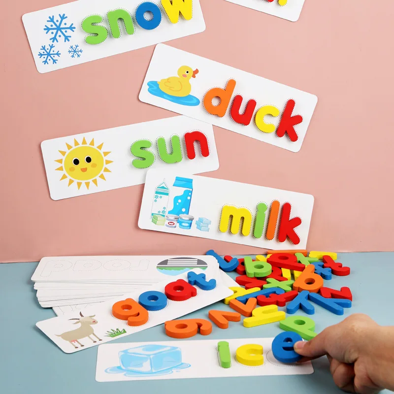 Montessori educational letters set learning cards pretend play wooden toys preschool word spelling game for kids 2023