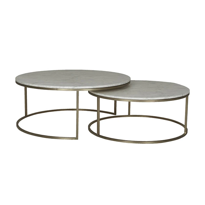 Contemporary Round Nesting Coffee Table Bent Metal Side Glass Marble glass mdf Wood Nest of 2 Table Set Nesting Table